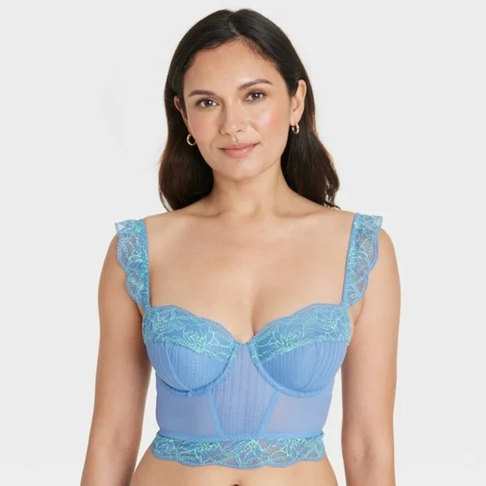 Auden - Blue and Lime Green Lace & Mesh Corset Bra